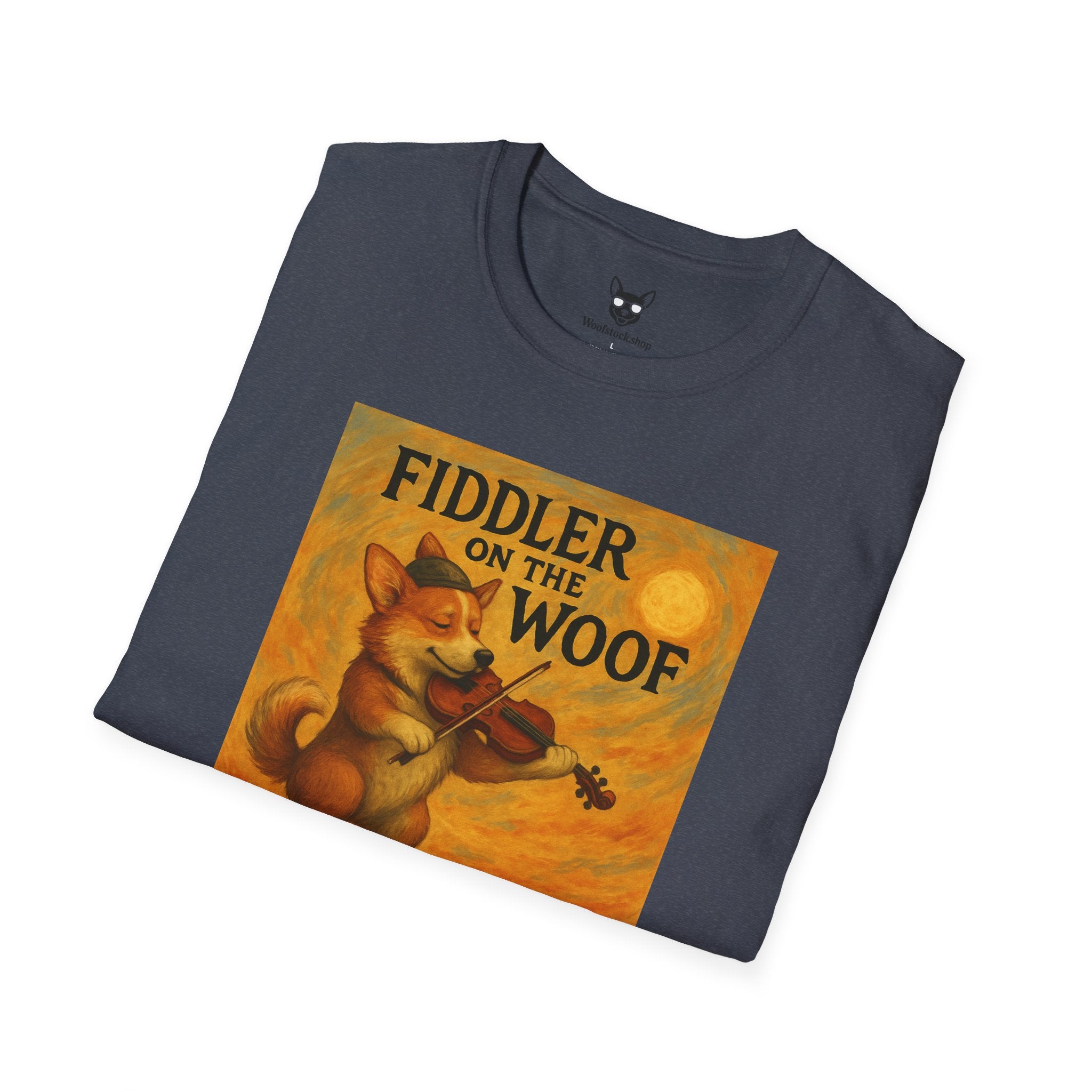 Fiddler on the Woof Broadway Poster Dog Parody Unisex Softstyle T-Shirt -- Funny Broadway Movie Tee for Theater and Dog Lovers